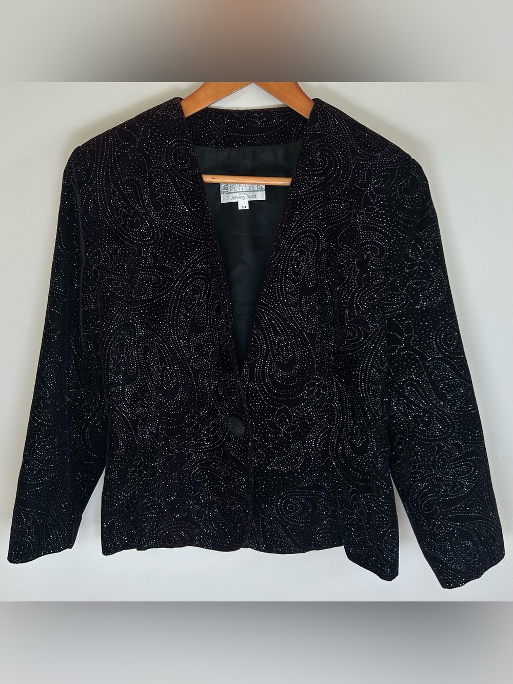 Braemar Petites By Jeremy Scott Blazer Jacket Sz 3/4 Sparkle Paisley Velvet VTG